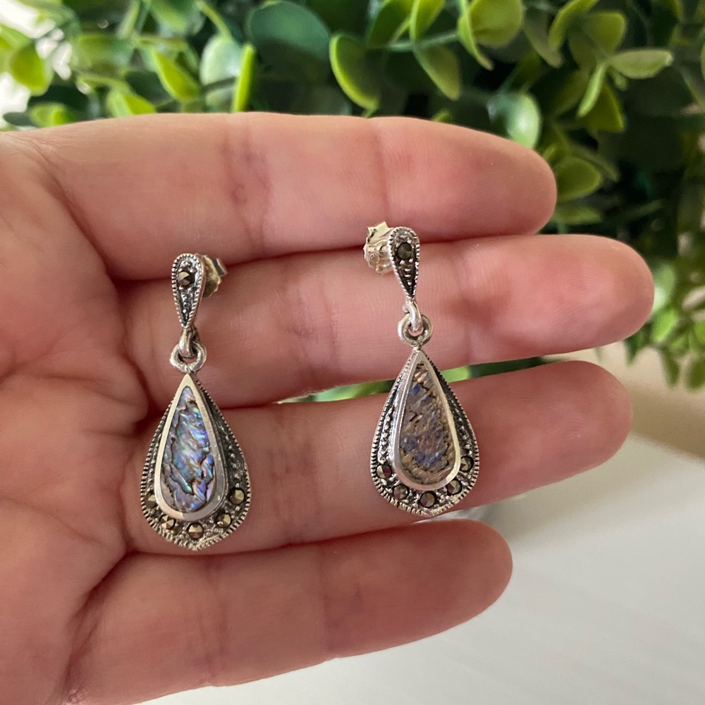 Vintage Sterling Silver 925 Abalone and Marcasite Dangle Stud Earrings